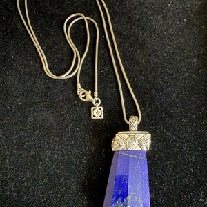 Elegant Blue Lapis Stone and .925 Sterling Silver Long Pendant Necklace